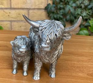 Highland Cow with Baby Ornament Silver Colour