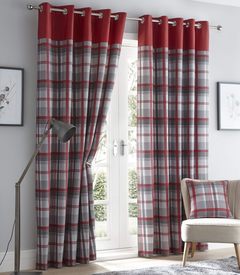 Red Grey Cream Check Curtains 90" x 90" Ring Top