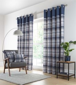 Blue Grey Cream Check Curtains 90" x 90" Ring Top