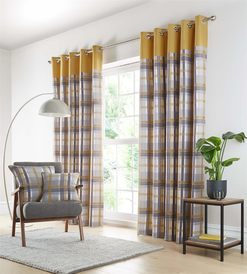 Ochre Check Curtains 90" x 90" Ring Top