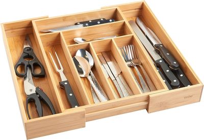 Bamboo Cutlery Drawer Organiser - 6-8 Adjustable Compartments