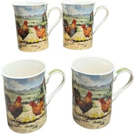 4 Coffee Mugs Farmyard Cockerel Theme 300ml Capacity Tea Cups