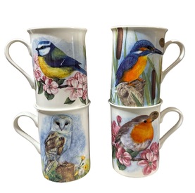 4 Vintage Bird Mugs Tea Coffee Robin Blue Tit Kingfisher Owl