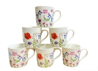 6 Large Floral Mugs Set Wild Flowers 400ml Tea Coffee Cup Kitchen Home Office