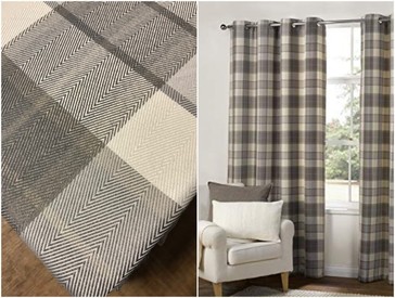 66" x 90" Grey Cream Highland Check Fully Lined Eyelet Curtains Herringbone Material