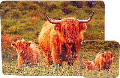 Set of 4 Highland Cow Placemat and Coaster Set - Cow Table Mat and Drink Mat Set
