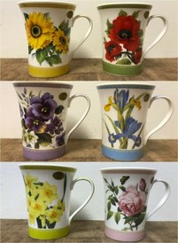 Set of 6 Flower Design Fine China Mugs Rose Daffodil Pansy Poppy Iris Sunflower Coffee Tea Cups