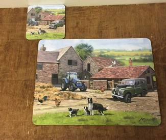 4x4 Tractor Collie Cockerel FARMYARD FOUR OF EACH PLACEMAT AND COASTERS SET