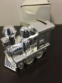 Christening Gift for Newborn Girl Boy Baby Baptism Silver Plated Train Money Box