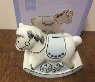Blue & White Rocking Horse Moneybox Christening Gift