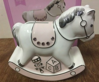 Pink & White Rocking Horse Moneybox Christening Gift