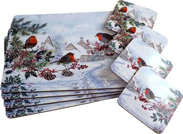 Robin of Christmas Placemats & Coasters (4 of each in Set)